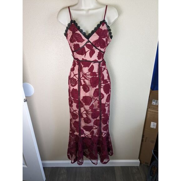 Lulus Other - Lulus Alluring Dream Burgundy Floral Mesh Lace Trumpet Midi Dress Size XS